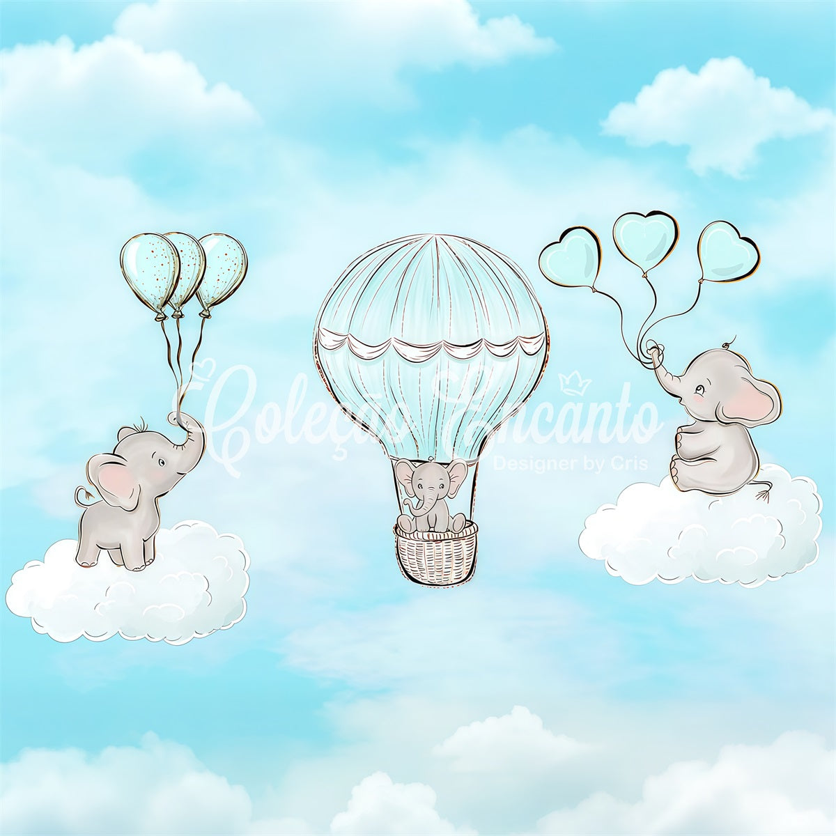 Backdrops For Kids Baby Elephant Cloud Balloon Ride Newborn Photo Backdrop UK By Magali