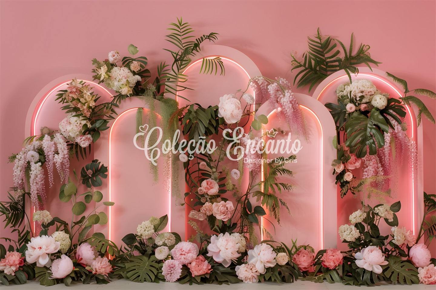 Mother's Day Backdrop Design Neon Arches Tropical Flowers Mother's Day Photo Backdrop UK By Magali