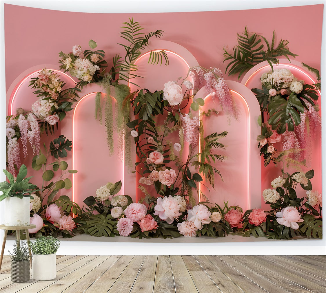 Mother's Day Backdrop Design Neon Arches Tropical Flowers Mother's Day Photo Backdrop UK By Magali