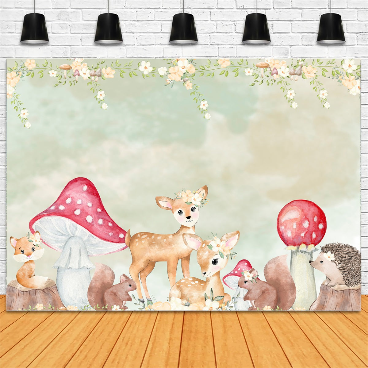 Kids Photography Backdrop Woodland Fawn Mushroom Floral Border Children Backdrop UK By Magali