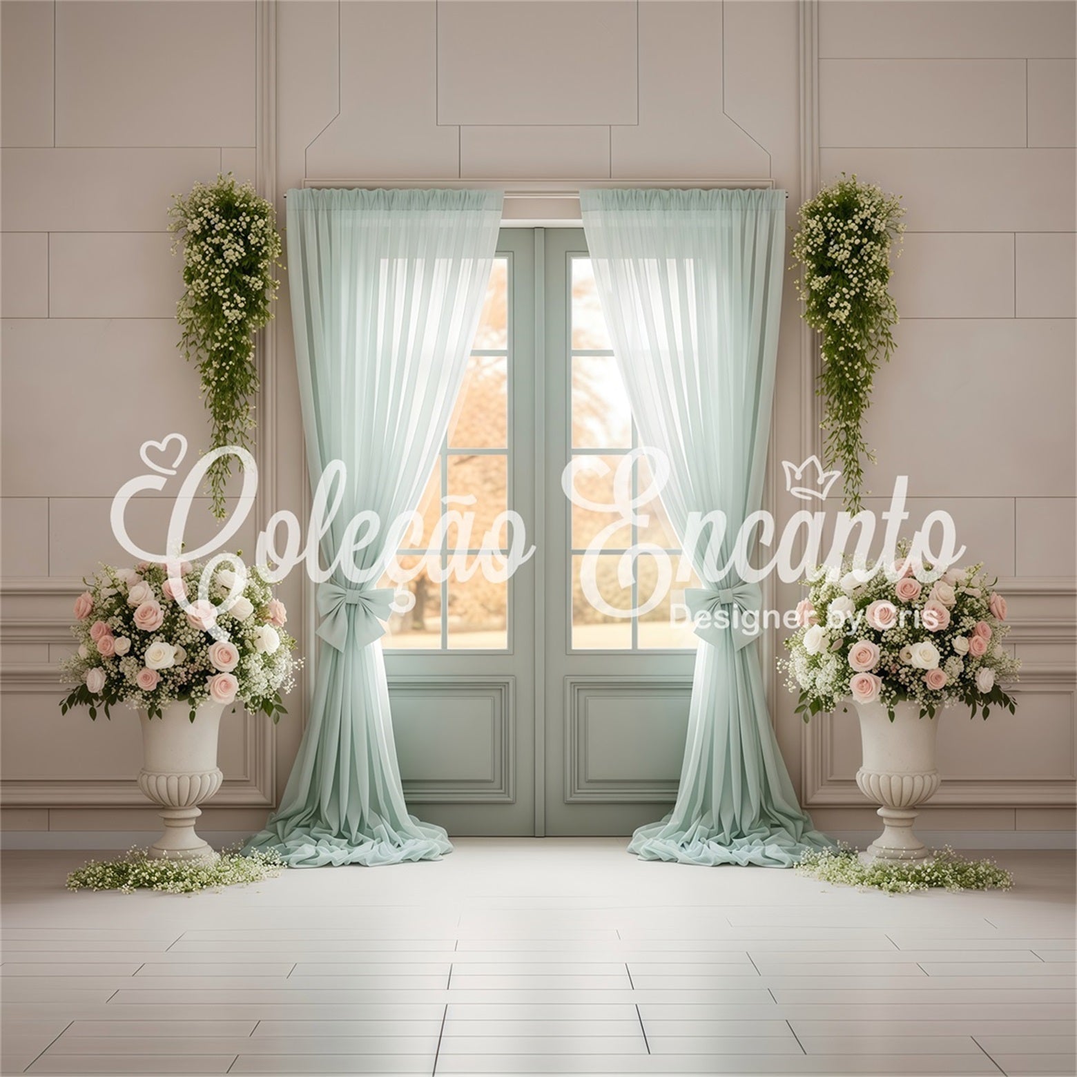 Backdrop For Mother's Day Mint Curtain Door Floral Urns Mothers Day Photography Backdrops UK By Magali