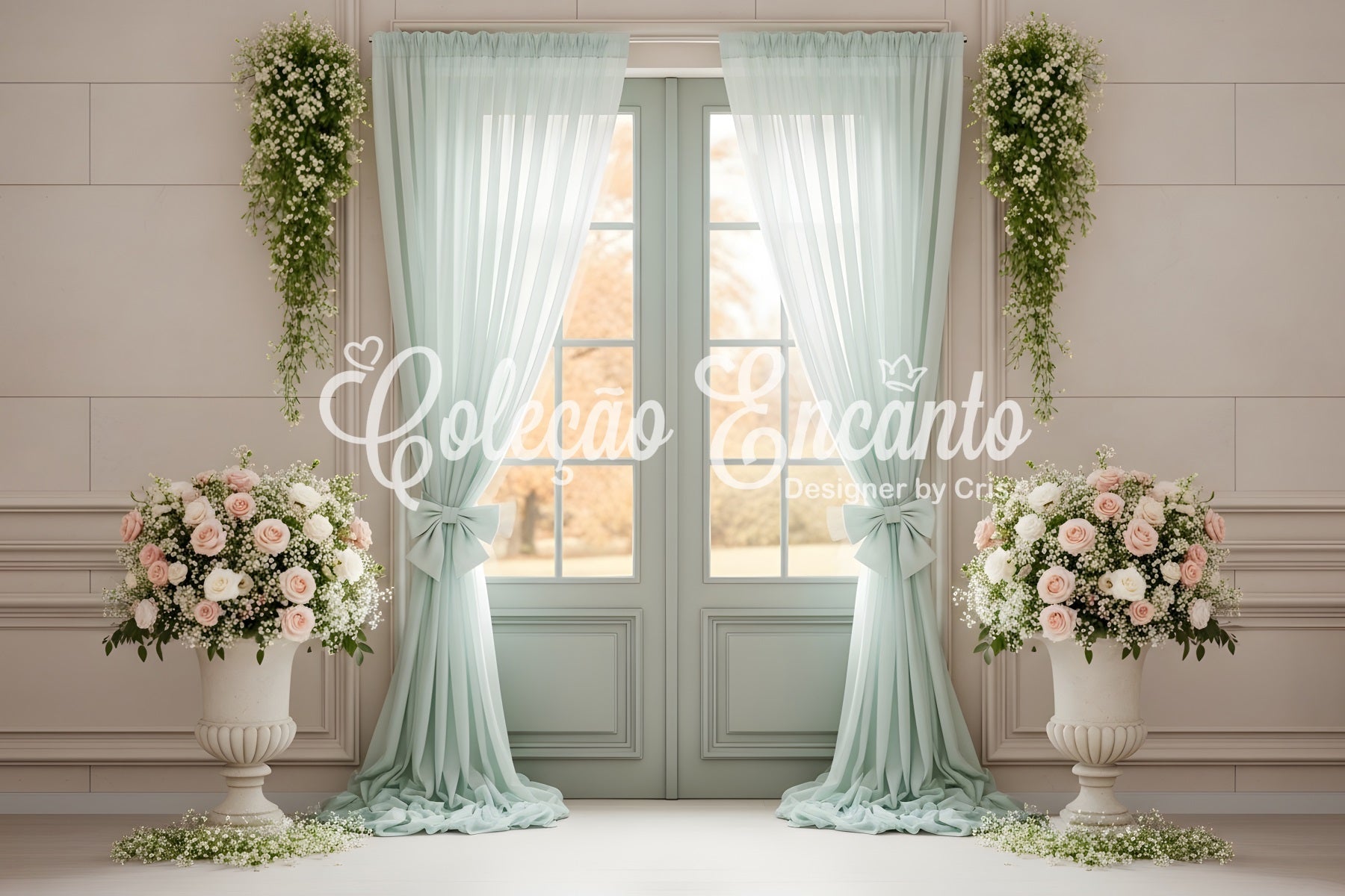 Backdrop For Mother's Day Mint Curtain Door Floral Urns Mothers Day Photography Backdrops UK By Magali