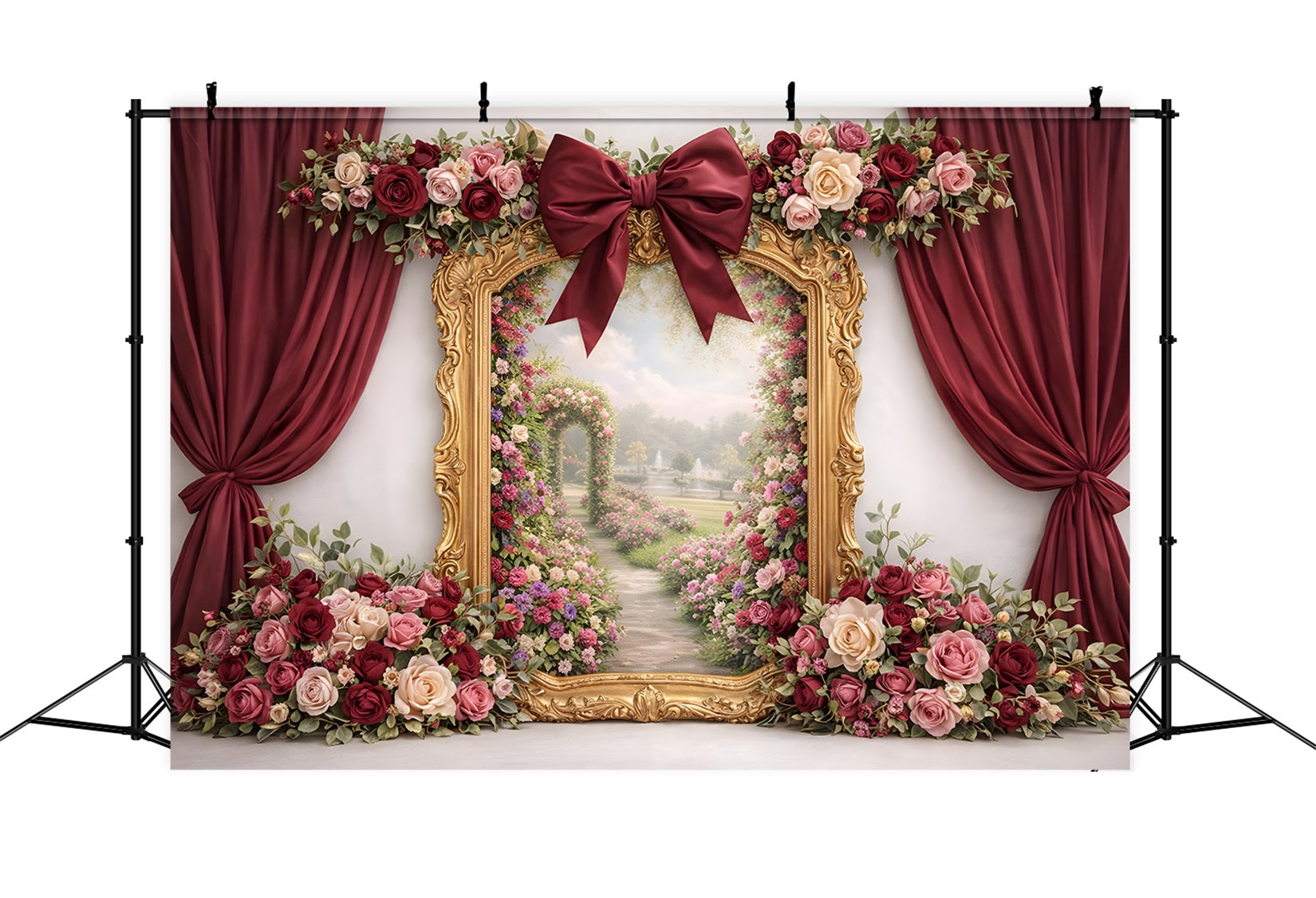 Mothers Day Backdrop Burgundy Rose Garden Window Frame Mother's Day Photoshoot Backdrops UK By Magali