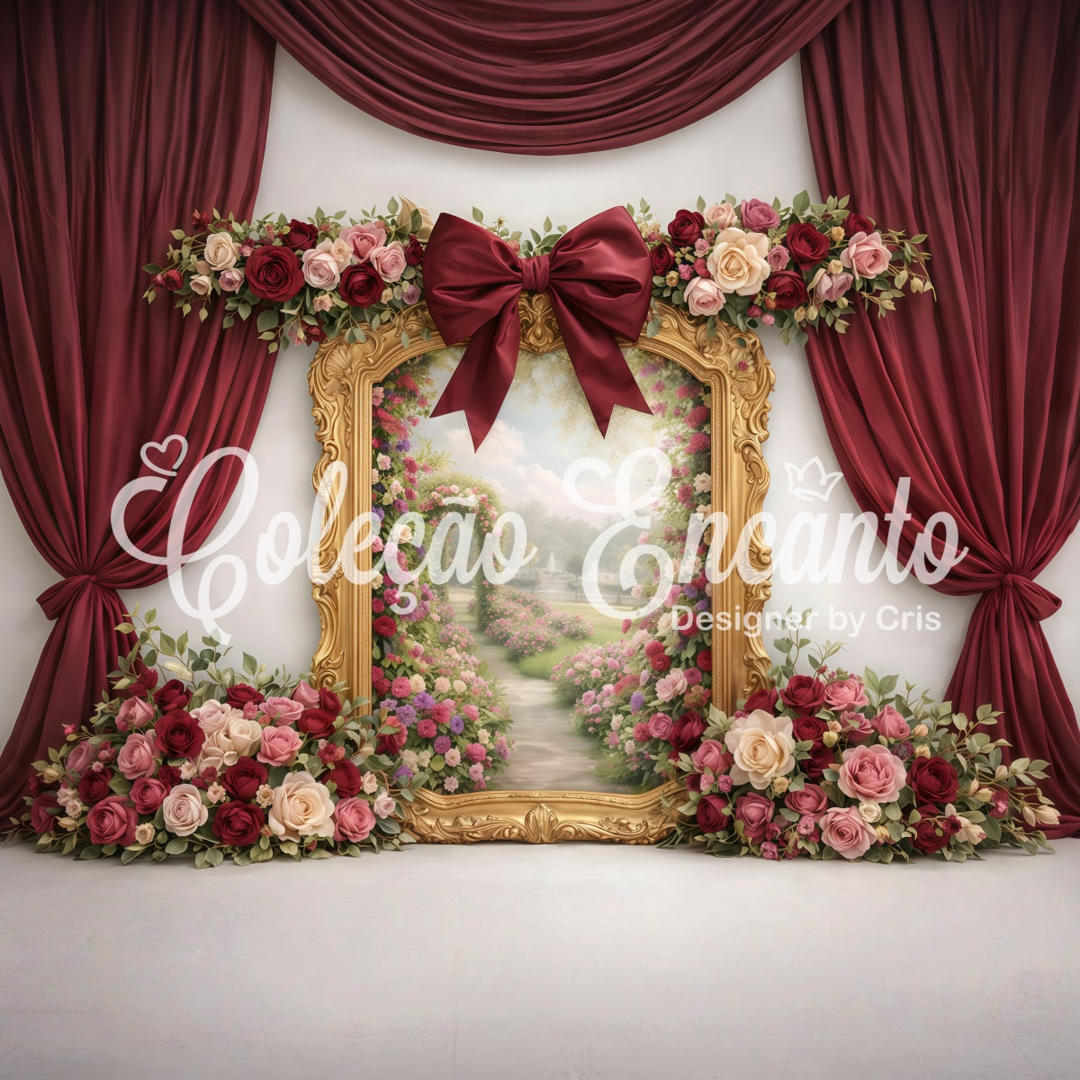Mothers Day Backdrop Burgundy Rose Garden Window Frame Mother's Day Photoshoot Backdrops UK By Magali