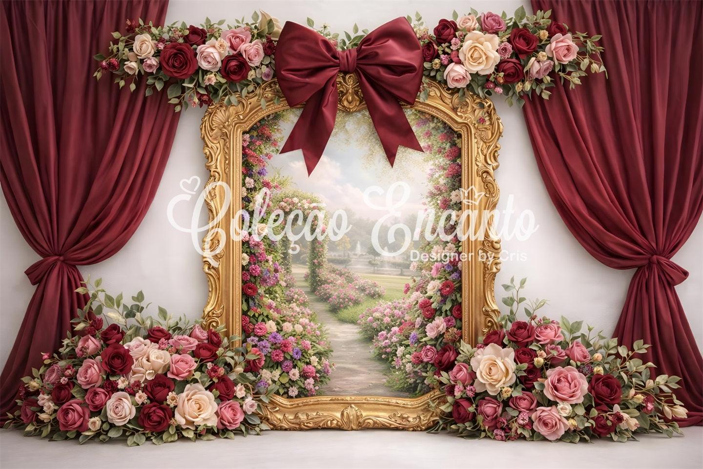Mothers Day Backdrop Burgundy Rose Garden Window Frame Mother's Day Photoshoot Backdrops UK By Magali
