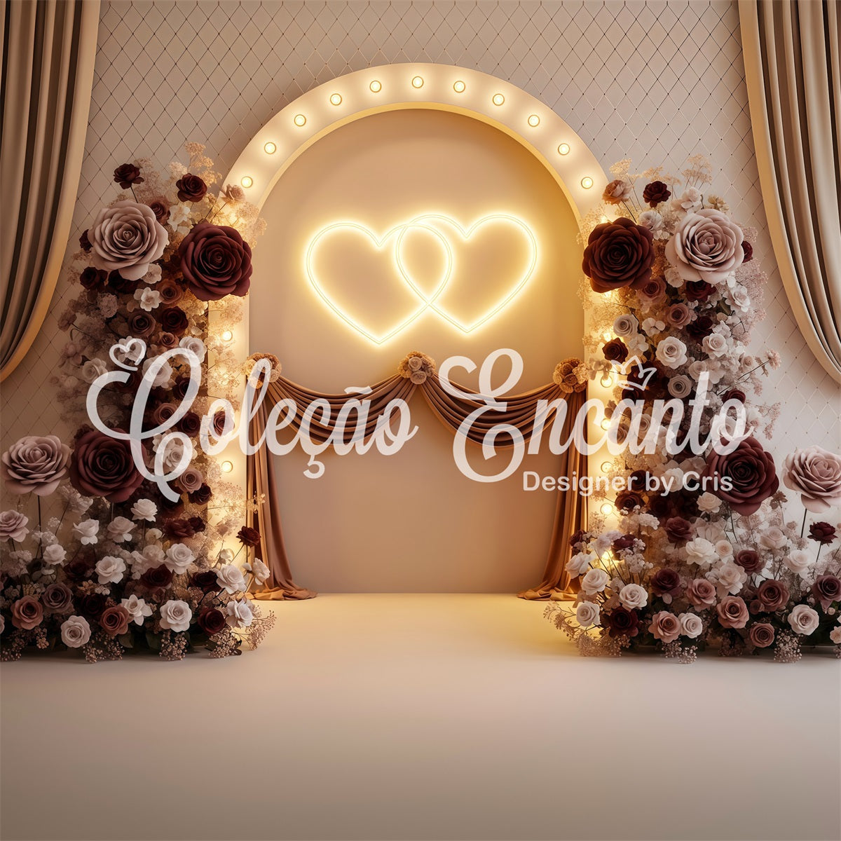 Mother's Day Photo Booth Backdrop Burgundy Twin Hearts Floral Glow Backdrops For Mothers Day UK By Magali