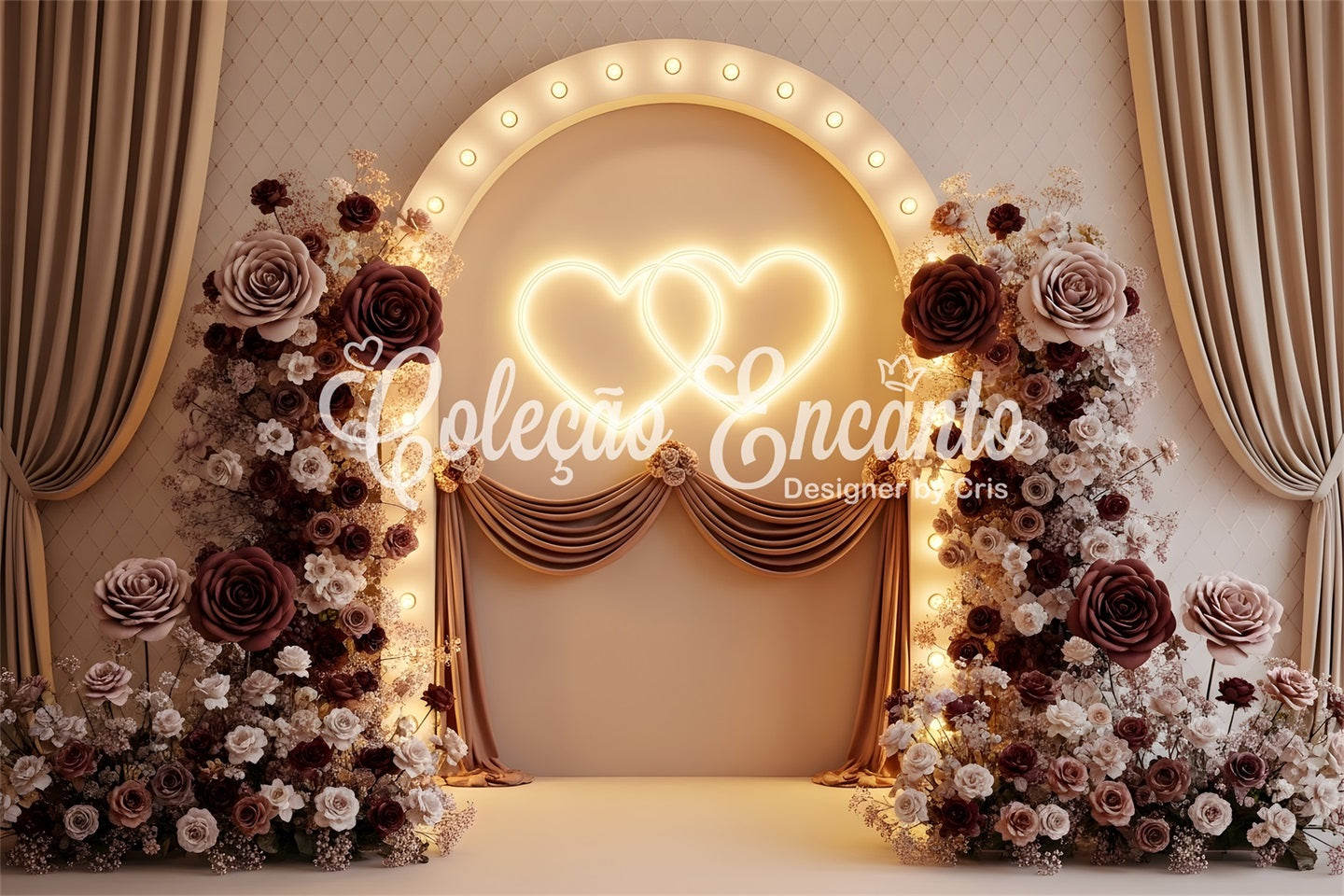Mother's Day Photo Booth Backdrop Burgundy Twin Hearts Floral Glow Backdrops For Mothers Day UK By Magali