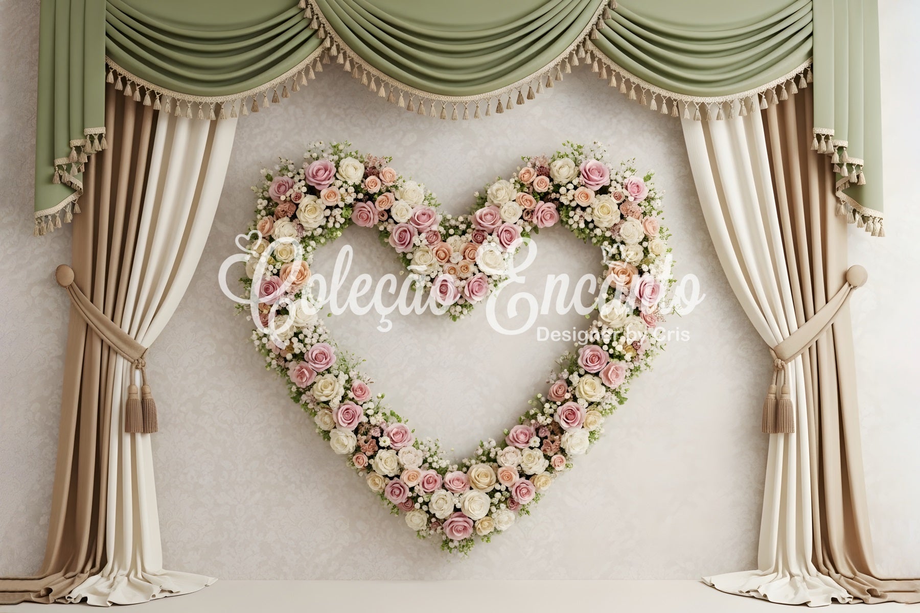 Photo Backdrop For Mothers Day Sage Curtain Heart Rose Wreath Mother's Day Backdrop Design UK By Magali