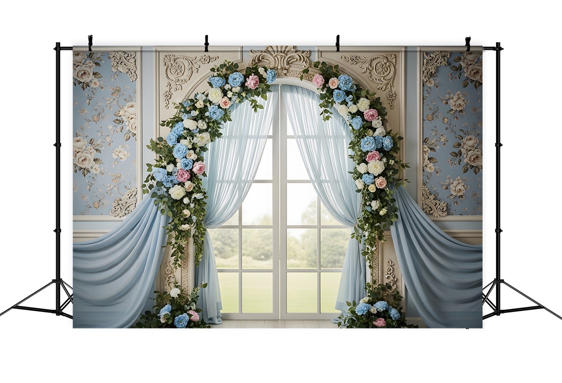 Mother's Day Photography Backdrops Blue Blossom Window Arch Drapes Mothers Day Backdrop Ideas UK By Magali