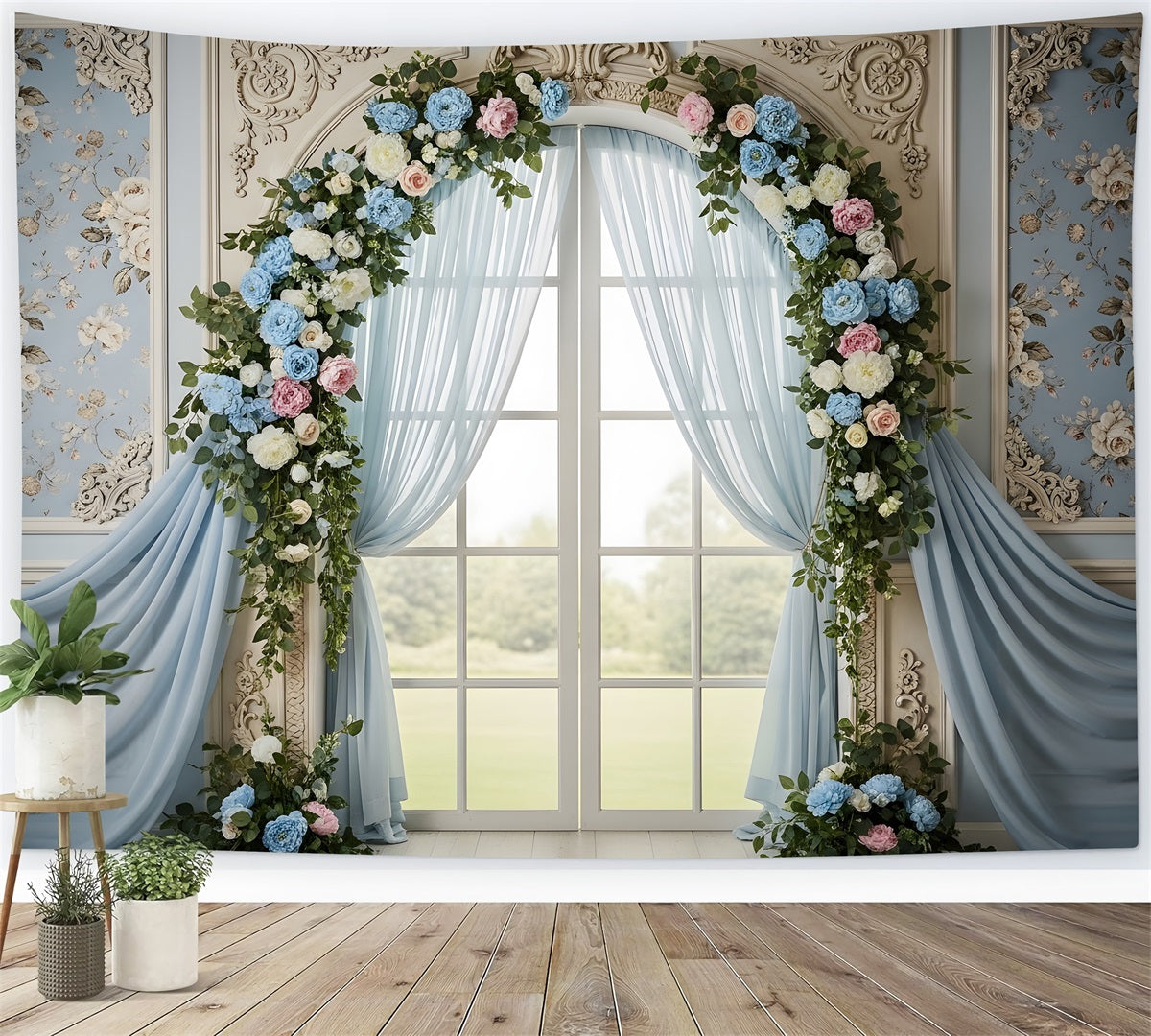 Mother's Day Photography Backdrops Blue Blossom Window Arch Drapes Mothers Day Backdrop Ideas UK By Magali