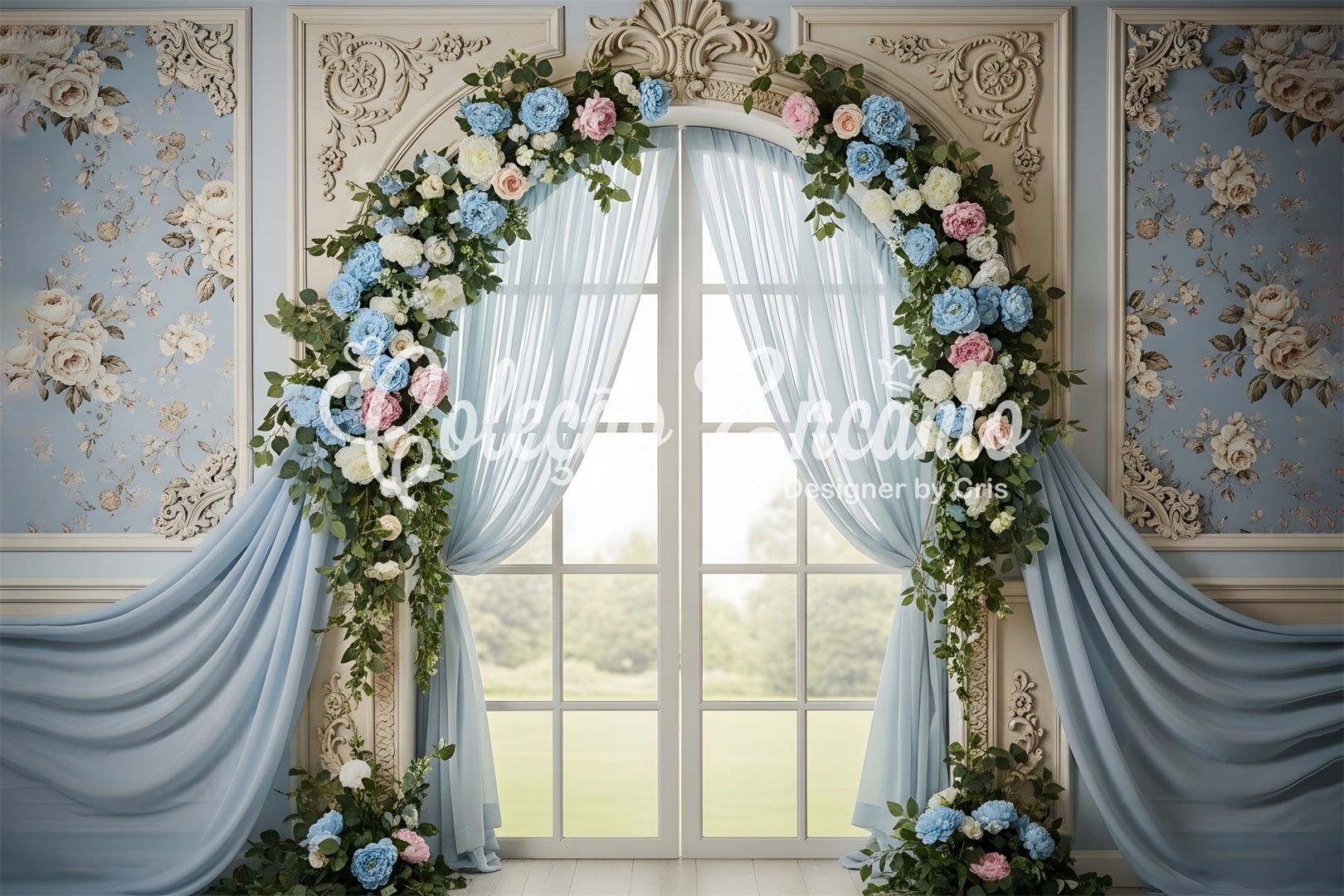 Mother's Day Photography Backdrops Blue Blossom Window Arch Drapes Mothers Day Backdrop Ideas UK By Magali