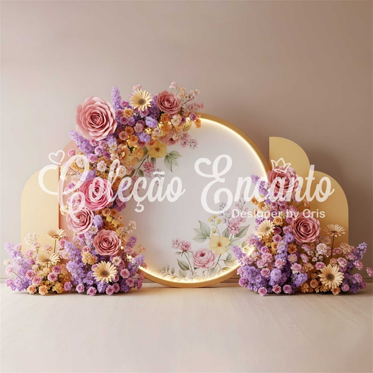 Mother's Day Backdrops Pastel Flower Halo Gold Panels Floral Mother's Day Backdrop Ideas UK By Magali