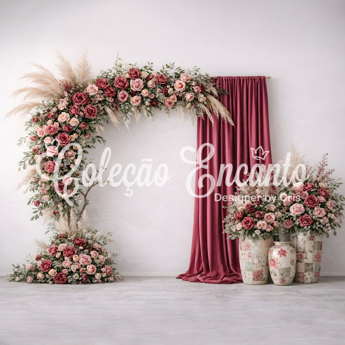 Mothers Day Photo Backdrop Mauve Rose Arch Velvet Drapes Mother's Day Backdrop With Flowers UK By Magali