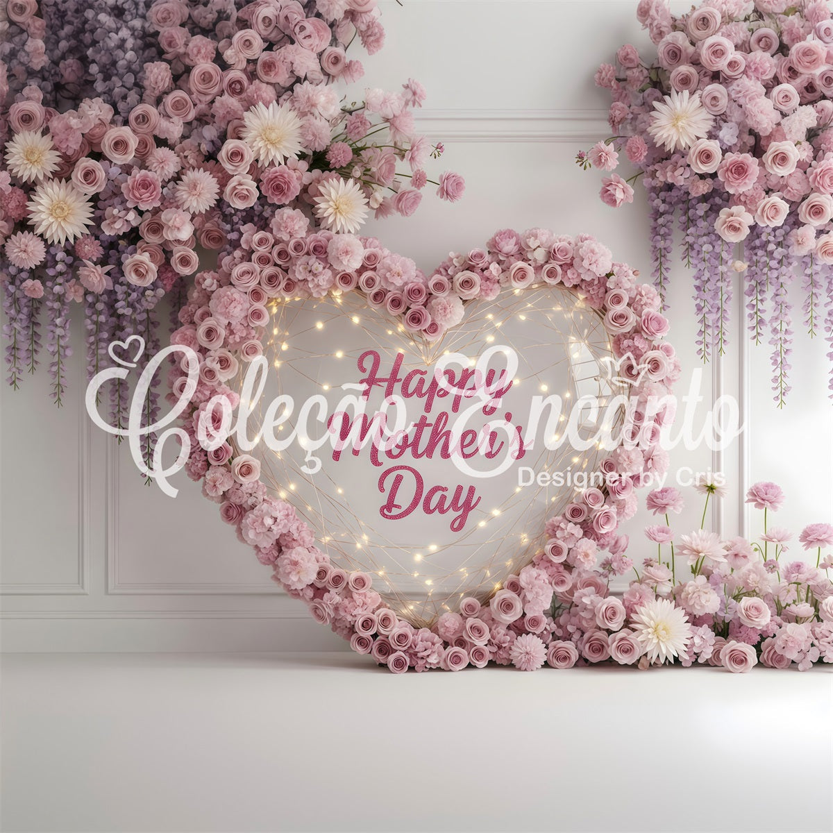 Happy Mothers Day Backdrop Pink Heart Wreath Floral Lights Mothers Day Photo Booth Backdrops UK By Magali