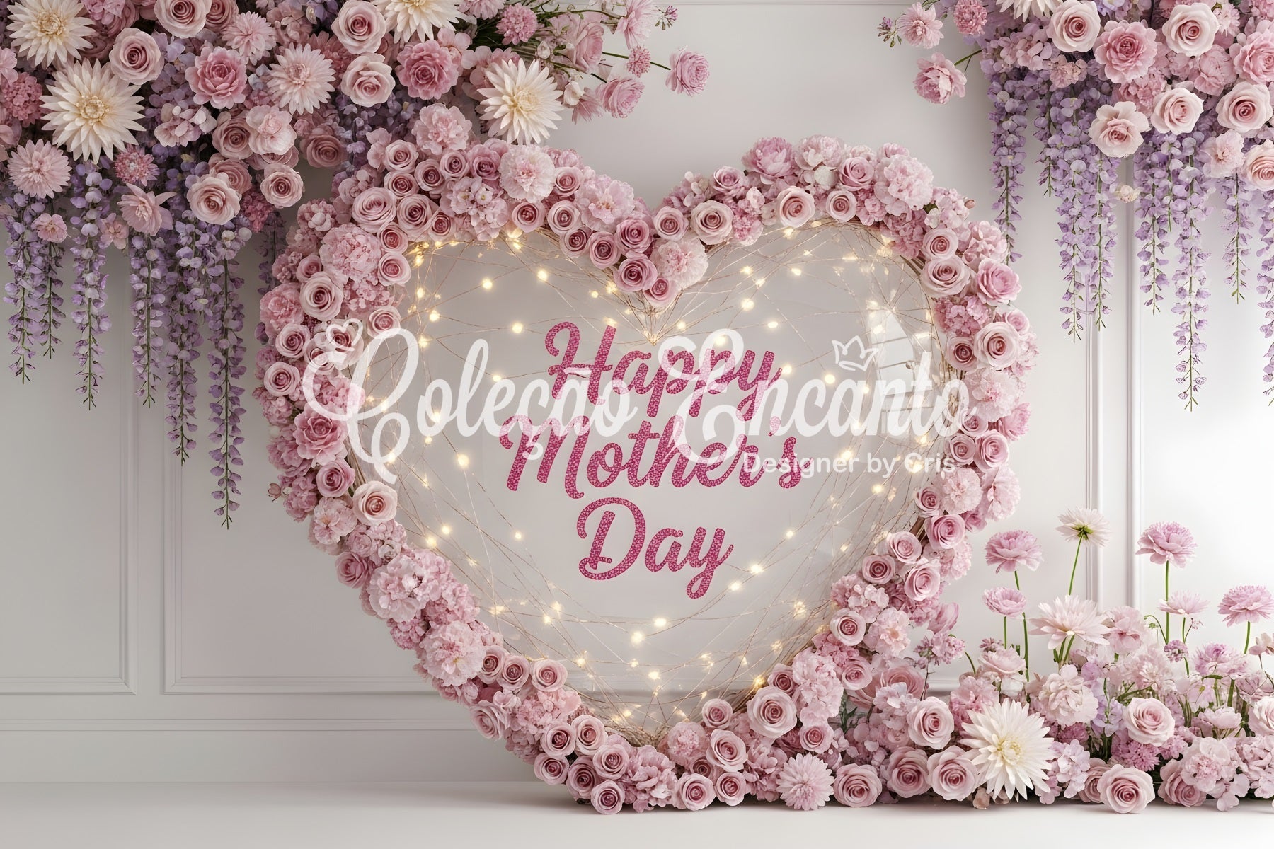 Happy Mothers Day Backdrop Pink Heart Wreath Floral Lights Mothers Day Photo Booth Backdrops UK By Magali