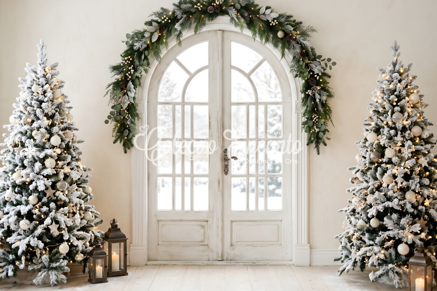 Christmas Themed Backdrop Elegant Arched Door Snowy Trees Christmas Photo Booth Backdrop UK CEM65-100