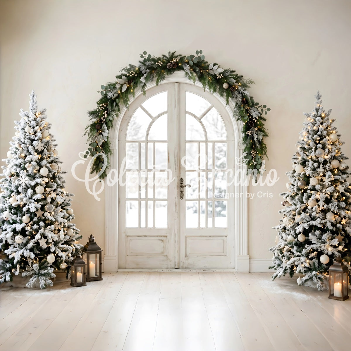 Christmas Themed Backdrop Elegant Arched Door Snowy Trees Christmas Photo Booth Backdrop UK CEM65-100