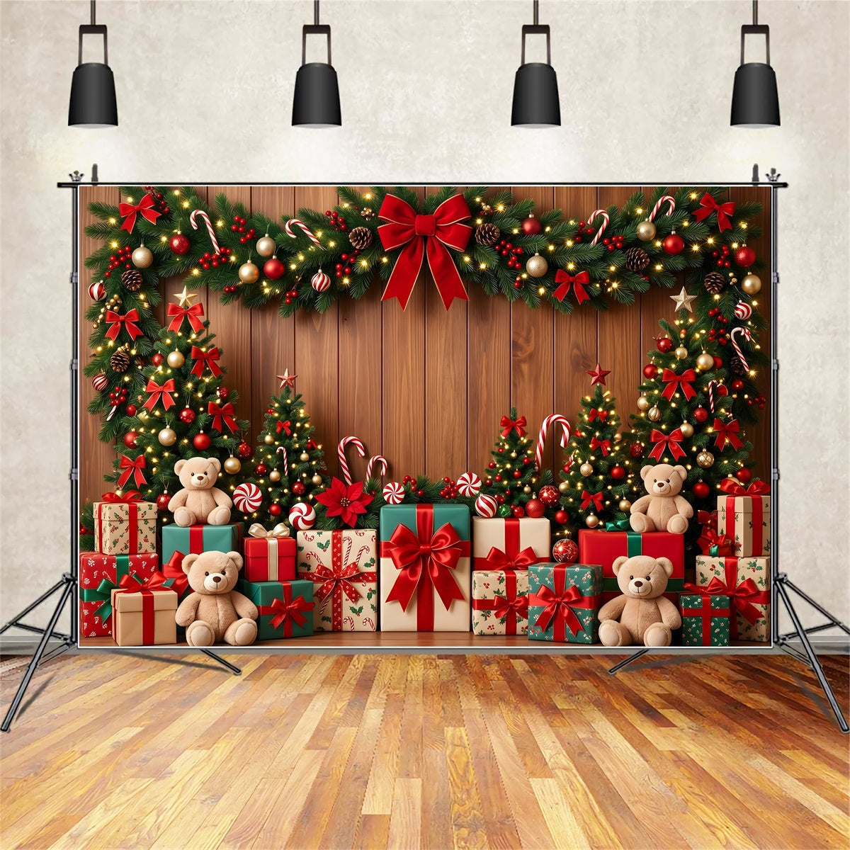 Photo Backdrop Christmas Candy Cane Teddy Gift Garland Christmas Backdrops Photography UK CEM65-103