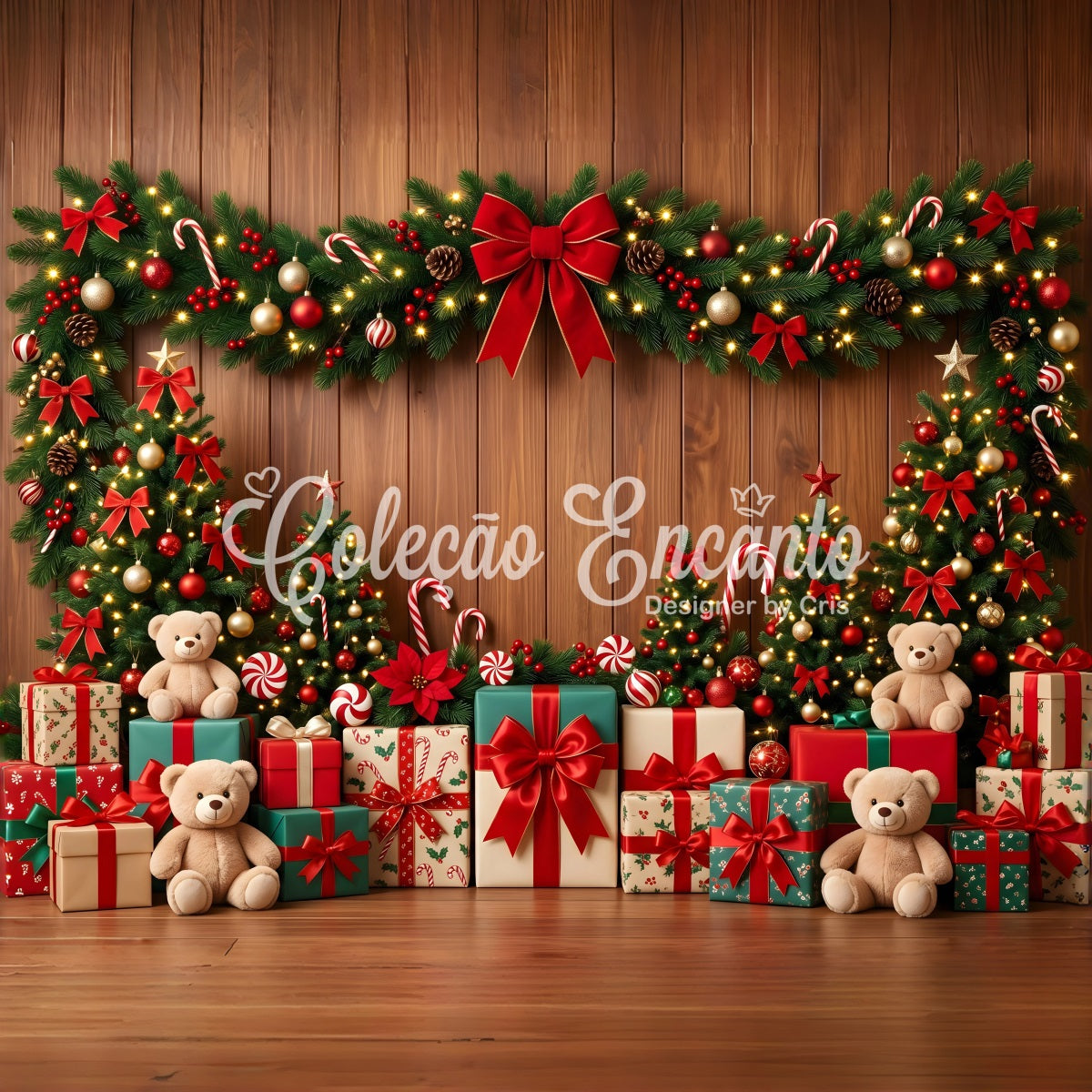 Photo Backdrop Christmas Candy Cane Teddy Gift Garland Christmas Backdrops Photography UK CEM65-103