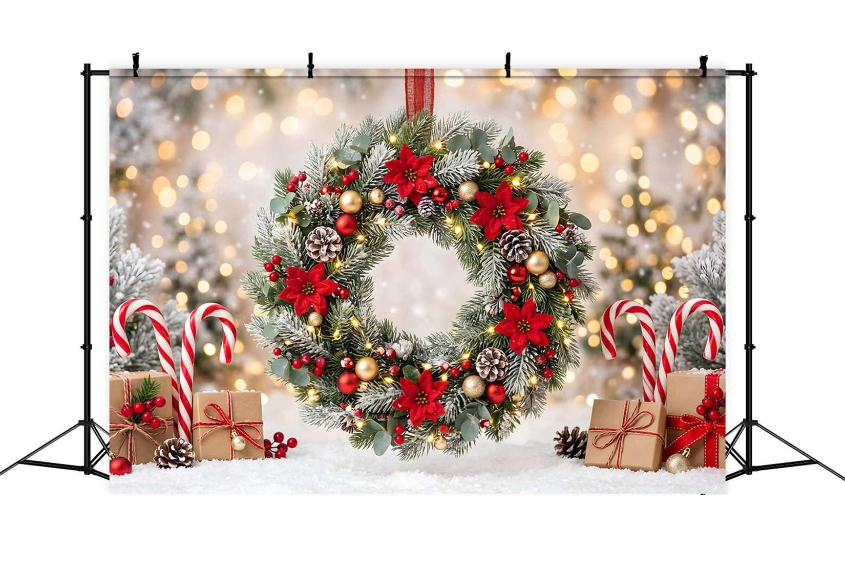 Christmas Lights Backdrop Frosted Poinsettia Wreath Candy Christmas Backdrop For Photography UK CEM65-104