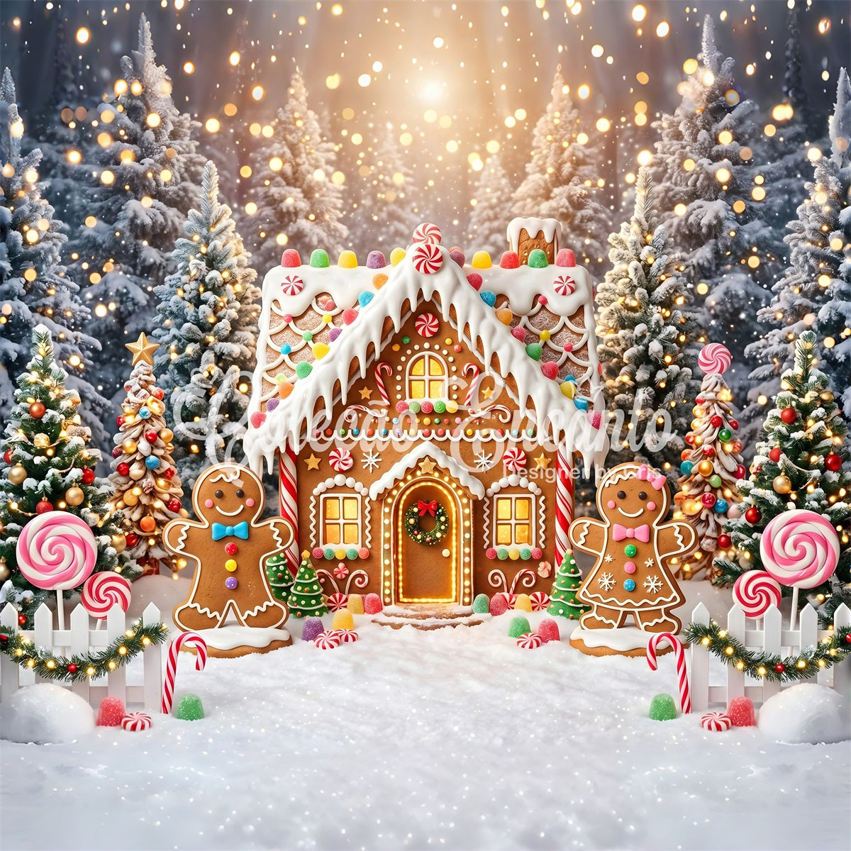 Christmas Village Backdrops Glowing Gingerbread Candy Cottage Photography Christmas Backdrops UK CEM65-105