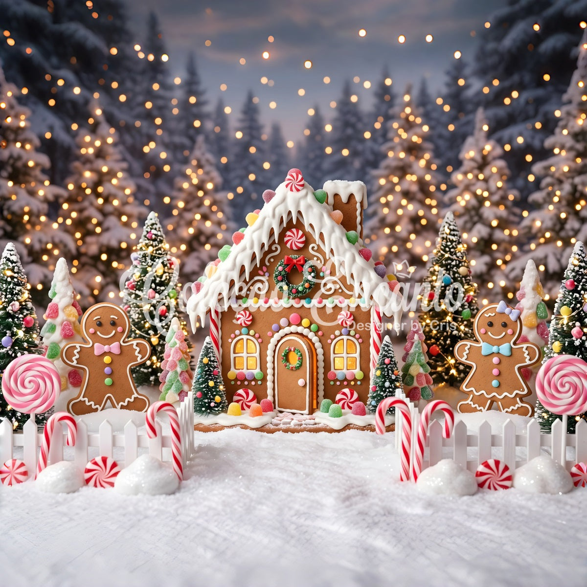 Christmas Backdrop Design Sweet Gingerbread Candy Forest Cottage Christmas Photoshoot Backdrop UK CEM65-106