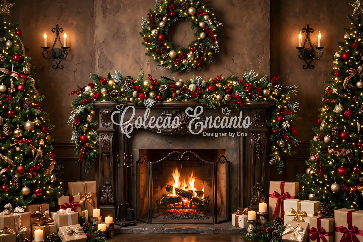 Large Christmas Backdrops Elegant Fireplace Wreath Candle Glow Christmas Backdrop For Pictures UK CEM65-107