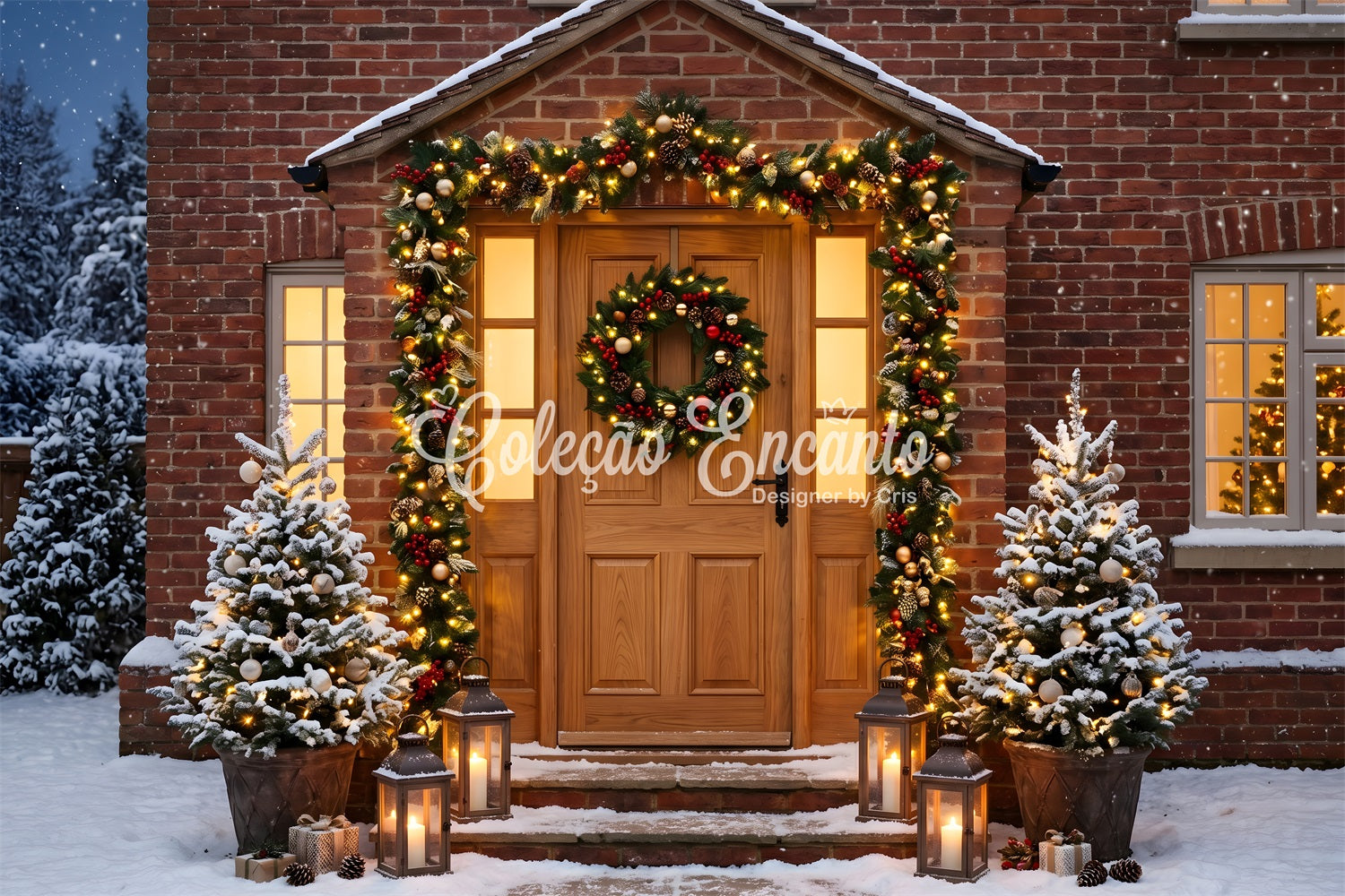 Photo Booth Christmas Backdrop Brick Door Garland Lantern Glow Large Christmas Backdrops UK CEM65-108