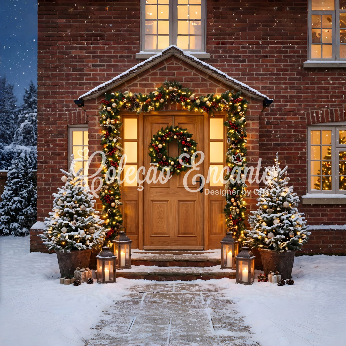Photo Booth Christmas Backdrop Brick Door Garland Lantern Glow Large Christmas Backdrops UK CEM65-108