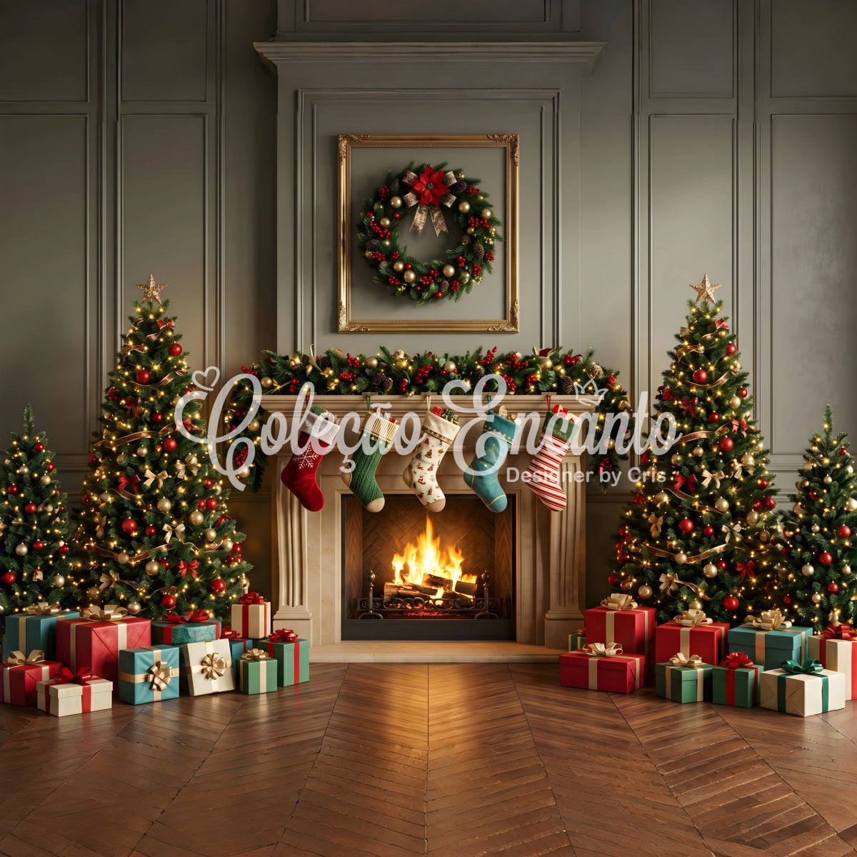 Christmas Backdrops Photography Classic Mantel Stockings Tree Christmas Backdrop UK CEM65-109