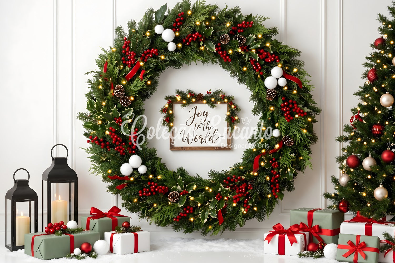 Christmas Wall Backdrop Holly Berry Wreath Lantern Gifts Photography Christmas Backdrop UK CEM65-111