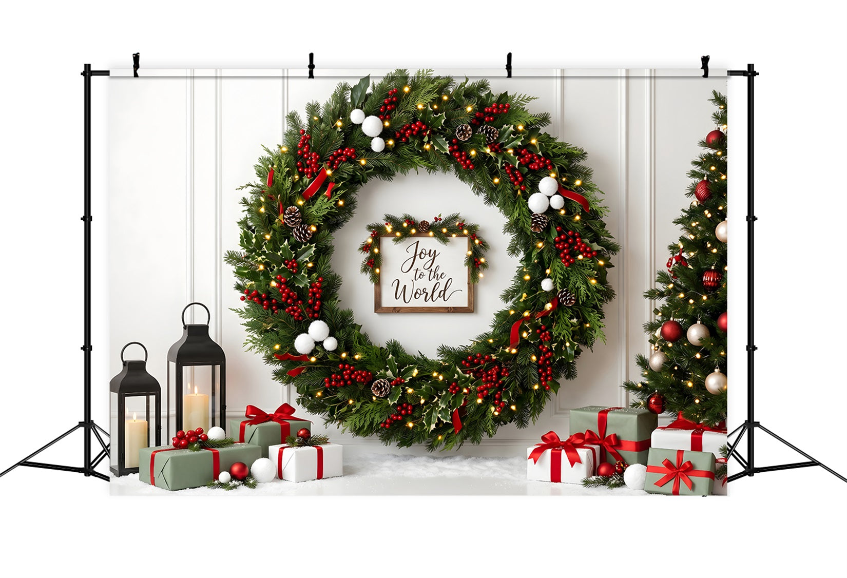 Christmas Wall Backdrop Holly Berry Wreath Lantern Gifts Photography Christmas Backdrop UK CEM65-111