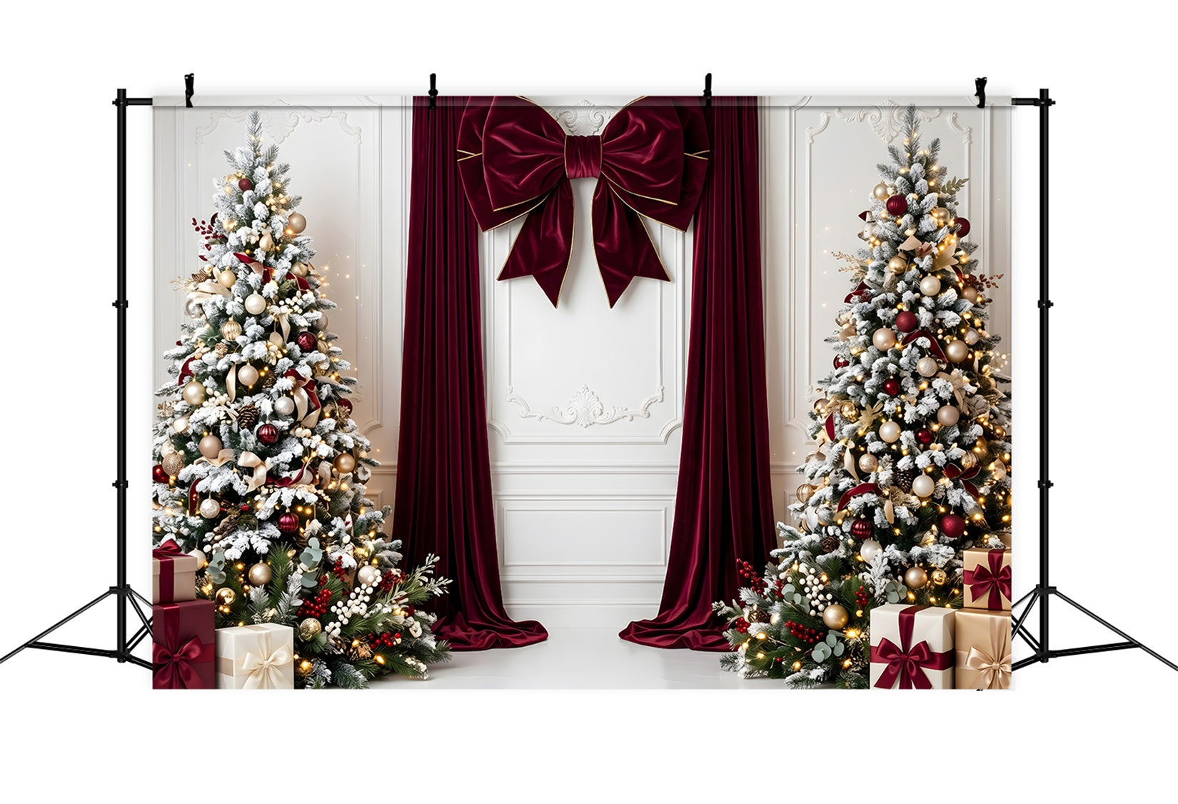 Backdrops For Christmas Burgundy Velvet Bow Snowy Trees Christmas Photobooth Backdrop UK CEM65-112