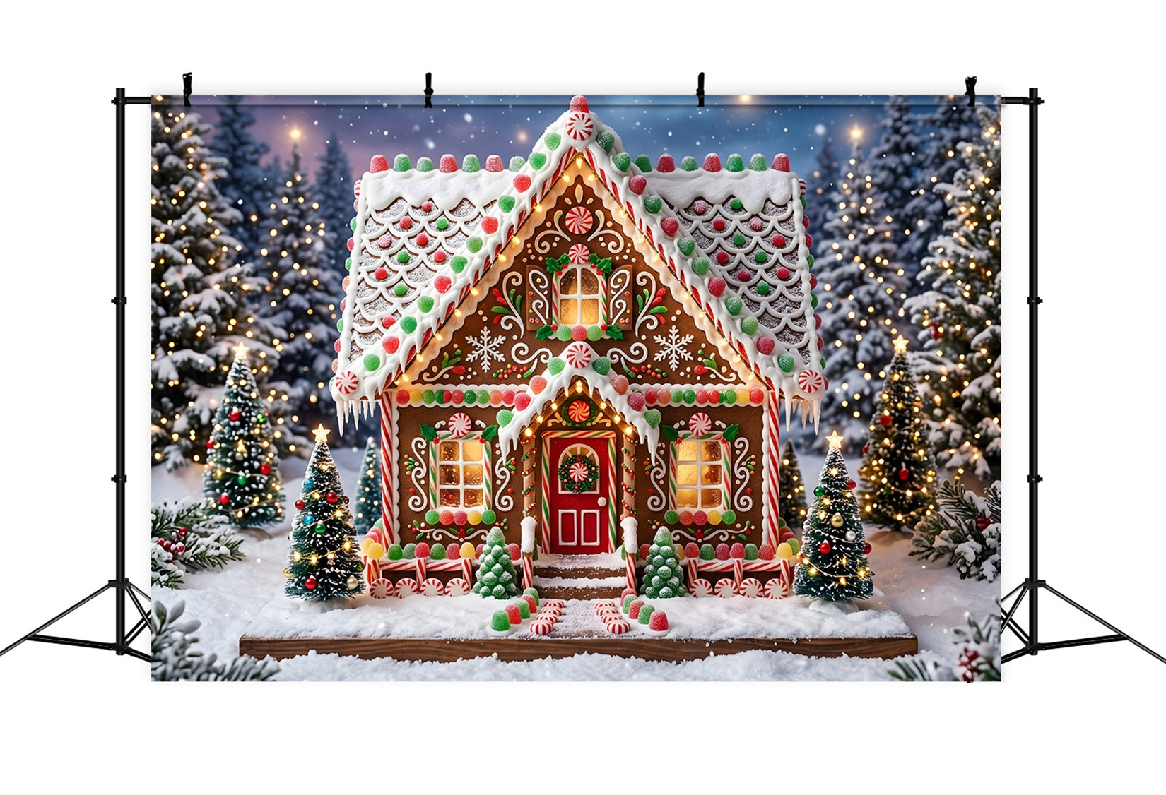 Backdrop For Christmas Gingerbread Cottage Candy Snow Forest Christmas Photo Booth Backdrops UK CEM65-119