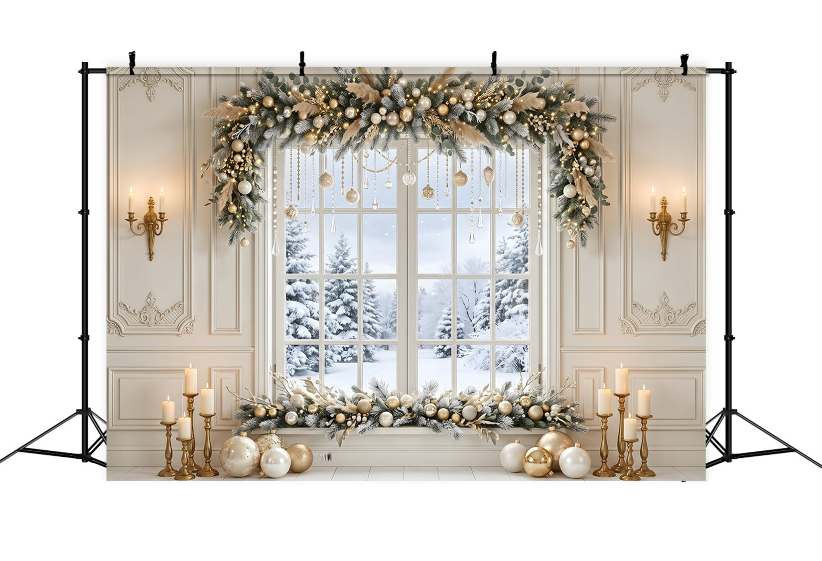 Large Christmas Backdrop Golden Crystal Winter Window Garland Christmas Backdrops UK CEM65-121