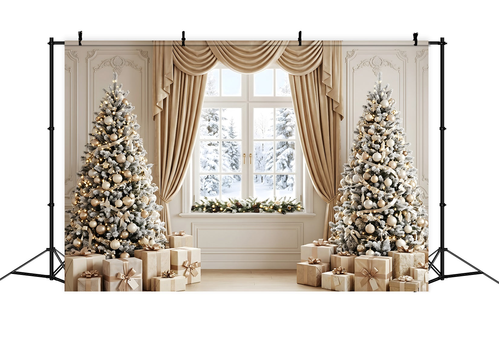 Christmas Window Backdrop Champagne Curtain Frosted Tree Window Christmas Photo Backdrop UK CEM65-122