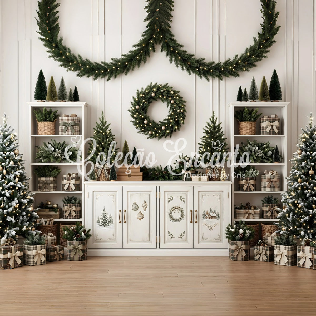 Christmas Backdrop For Pictures Neutral Shelf Wreath Mini Trees Christmas Backdrop Ideas UK CEM65-124
