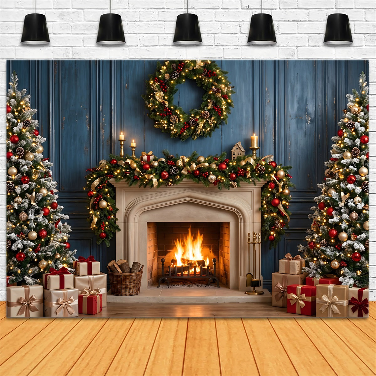 Blue Christmas Backdrop Blue Fireplace Wreath Christmas Trees Christmas Photo Backdrops UK CEM65-125