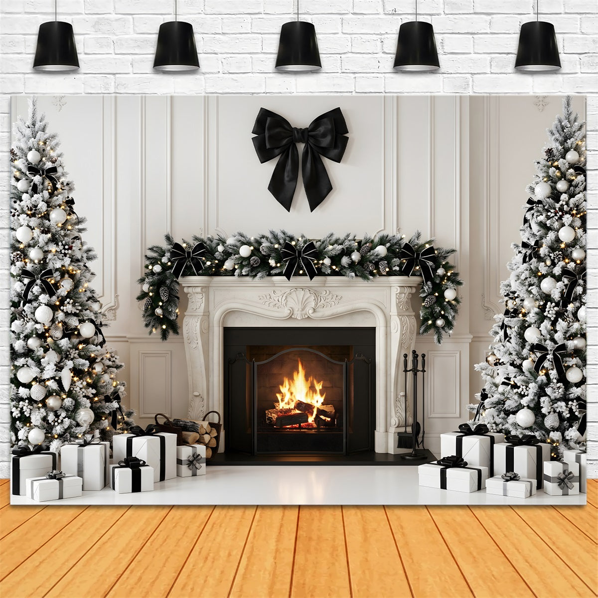 Christmas Party Photo Backdrop Black Bow Fireplace Trees Christmas Backdrops For Photography UK CEM65-127