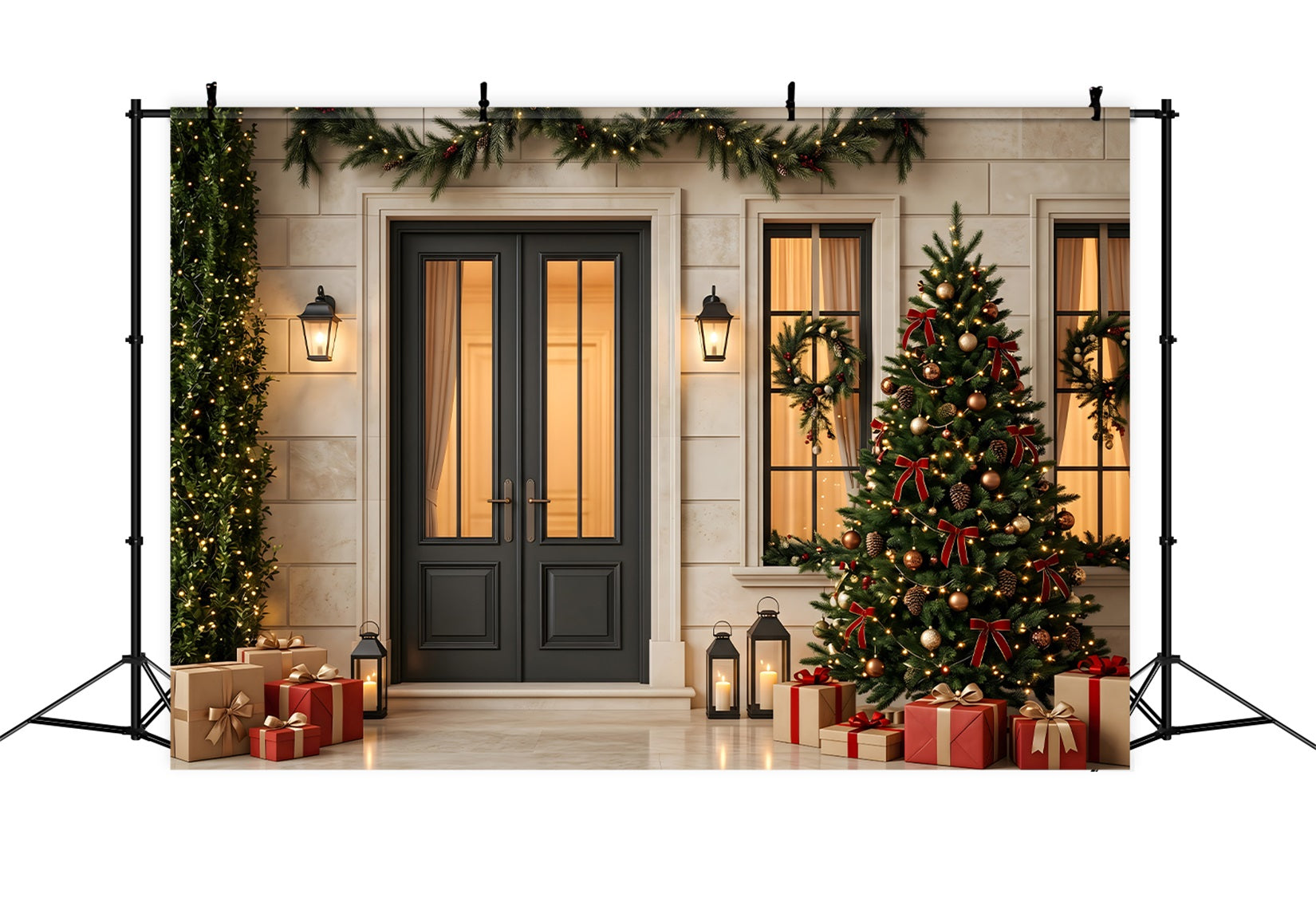 Christmas Tree Backdrop Black Door Lantern Christmas Porch Christmas Photography Backdrop UK CEM65-128
