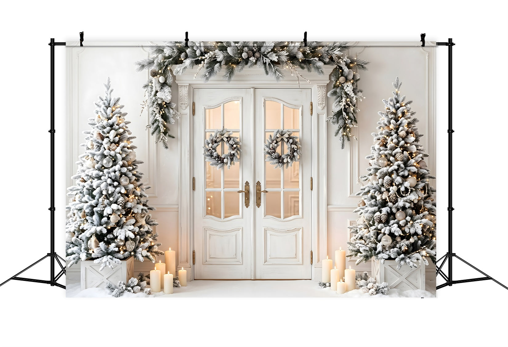 Christmas Backdrop Frosted White Door Wreath Trees Christmas Photo Booth Backdrop UK CEM65-134