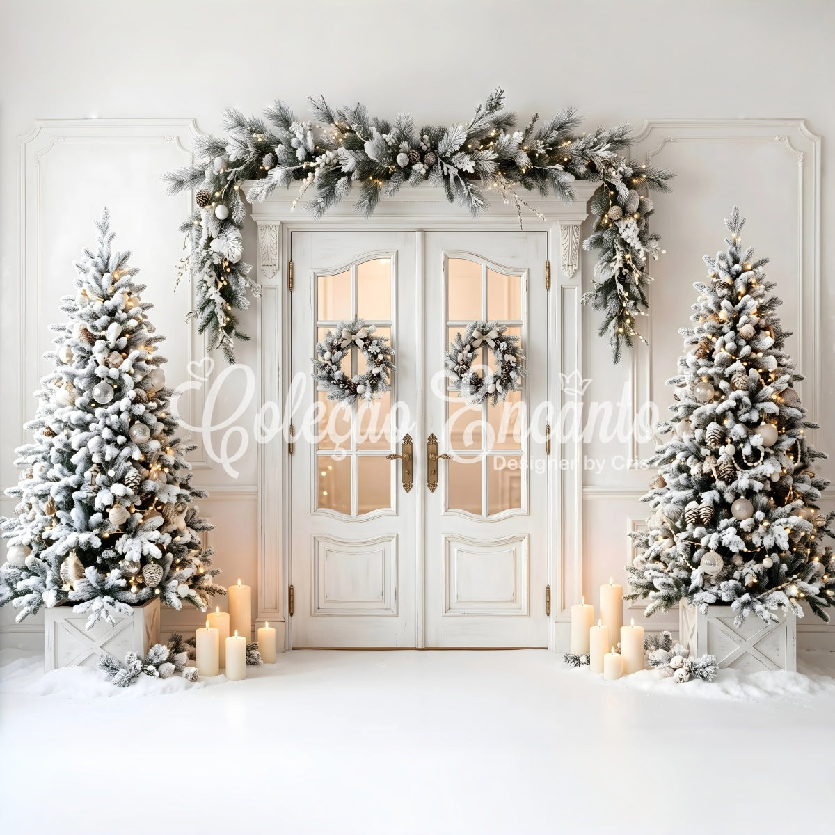 Christmas Backdrop Frosted White Door Wreath Trees Christmas Photo Booth Backdrop UK CEM65-134