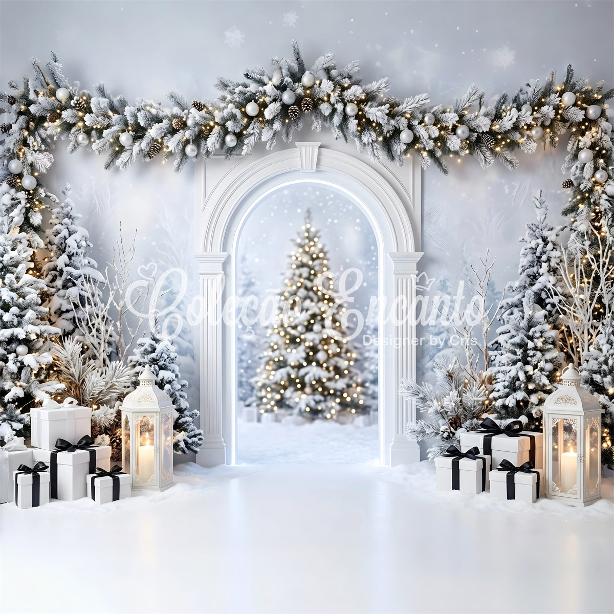 Christmas Studio Backdrop Snowy White Arch Lantern Gifts Photo Backdrop Christmas UK CEM65-135