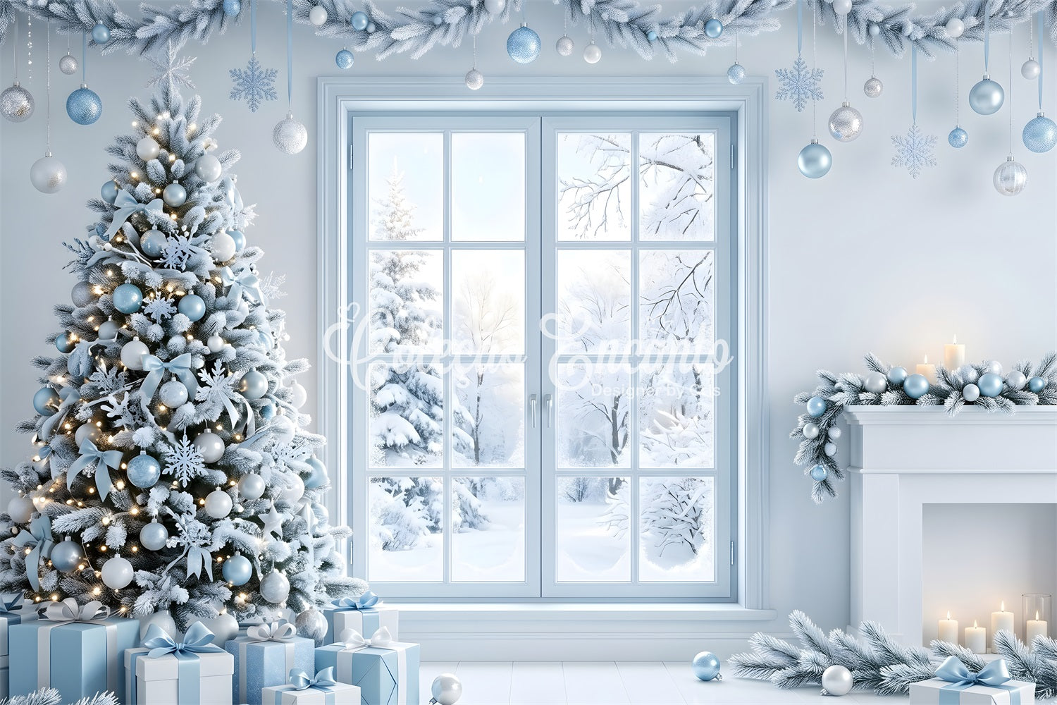 Christmas Backdrop Photoshoot Icy Blue Window Tree Fireplace Christmas Backdrop Design UK CEM65-136
