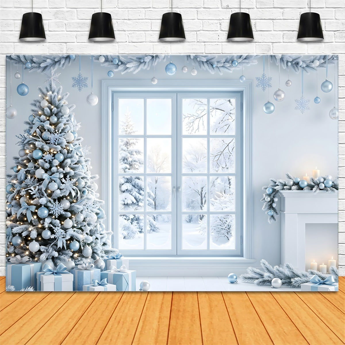 Christmas Backdrop Photoshoot Icy Blue Window Tree Fireplace Christmas Backdrop Design UK CEM65-136