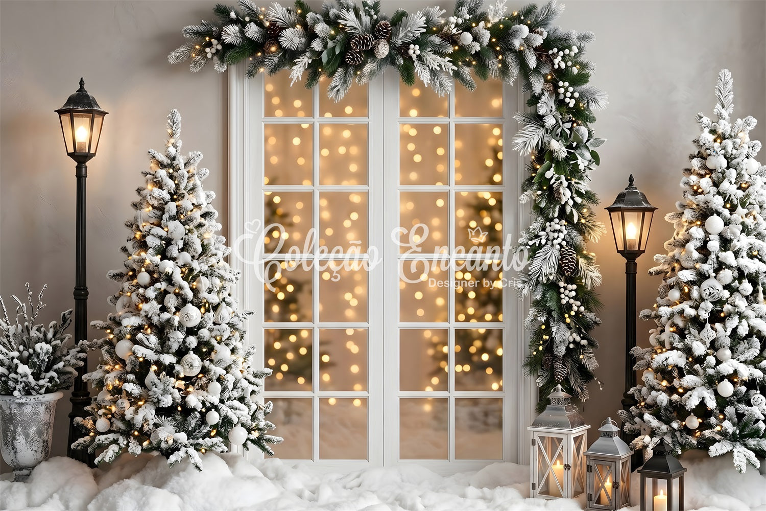 Christmas Lights Photo Backdrop Snowy Window Garland Lantern Trees Christmas Backdrops UK CEM65-137