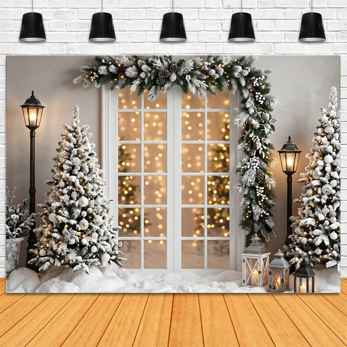 Christmas Lights Photo Backdrop Snowy Window Garland Lantern Trees Christmas Backdrops UK CEM65-137