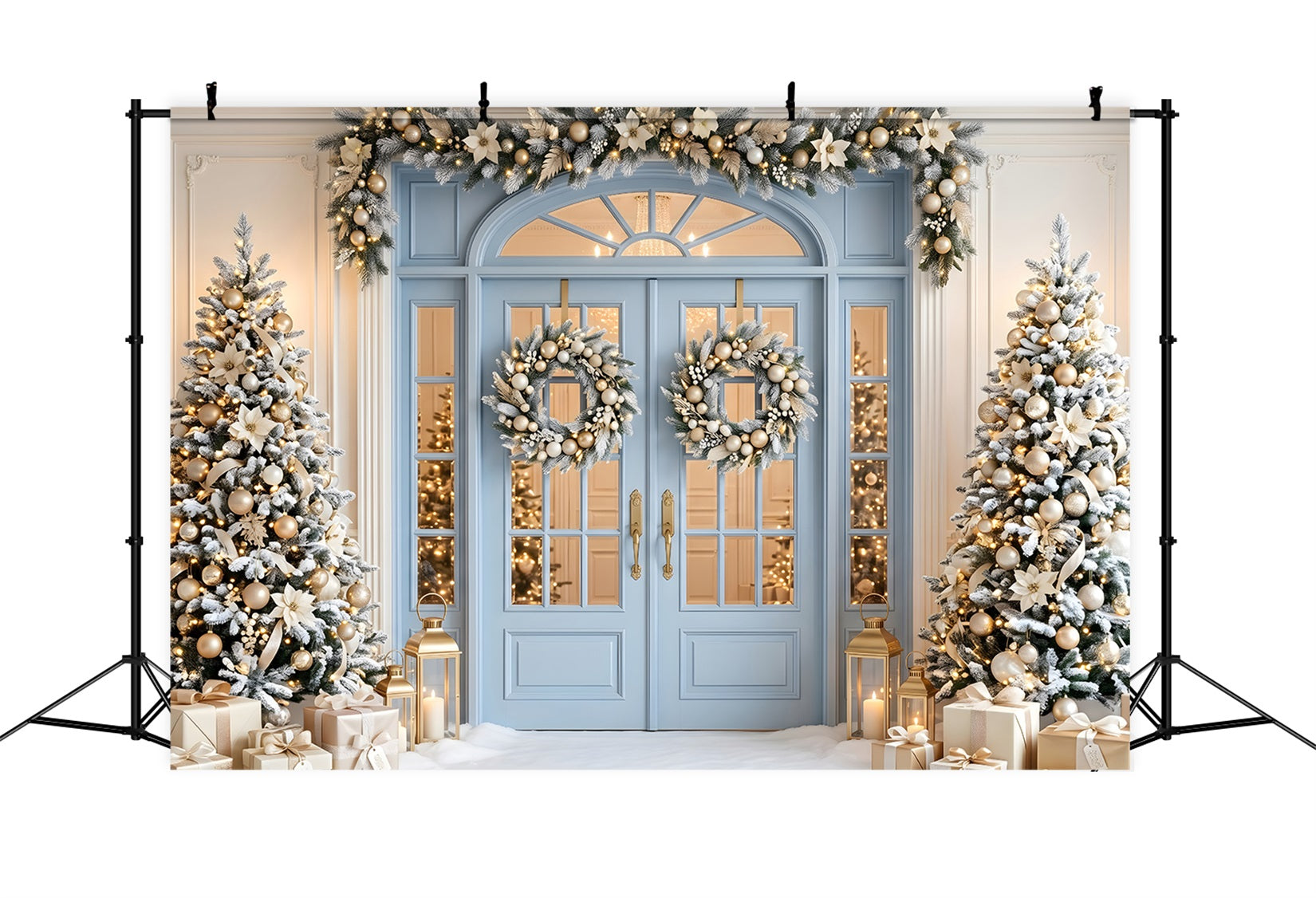 Christmas Photo Backdrop Blue Door Golden Frosted Trees Photography Christmas Backdrops UK CEM65-139