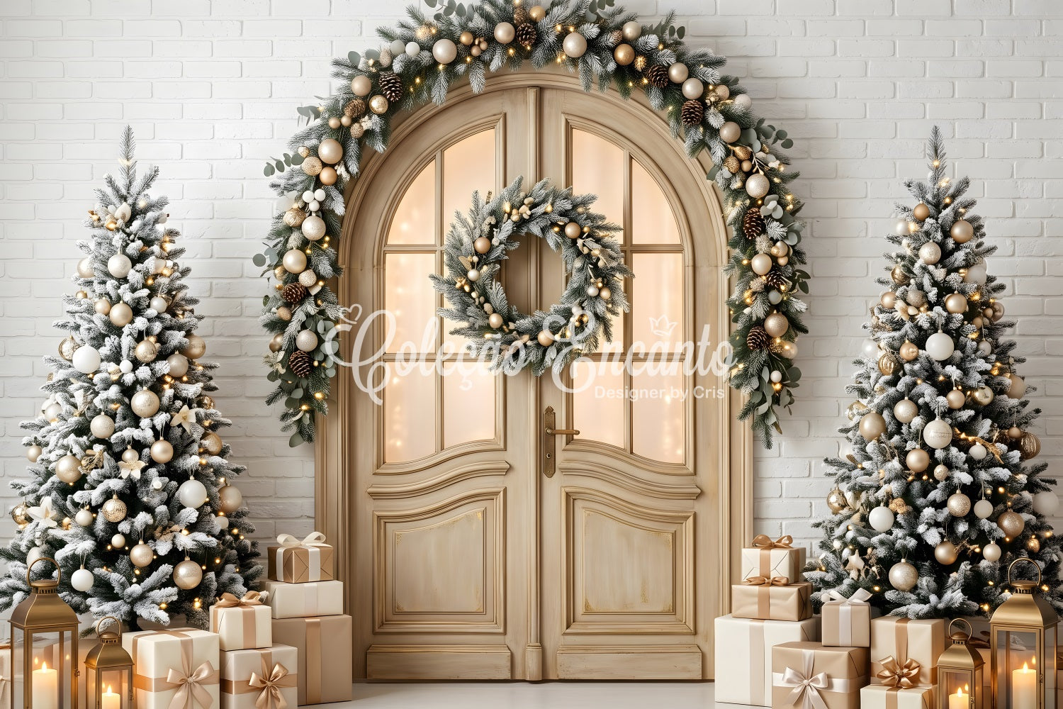 Studio Backdrops Christmas Backdrop Frosted Arched Door Wreath Trees Photo Booth Christmas Backdrop UK CEM65-142