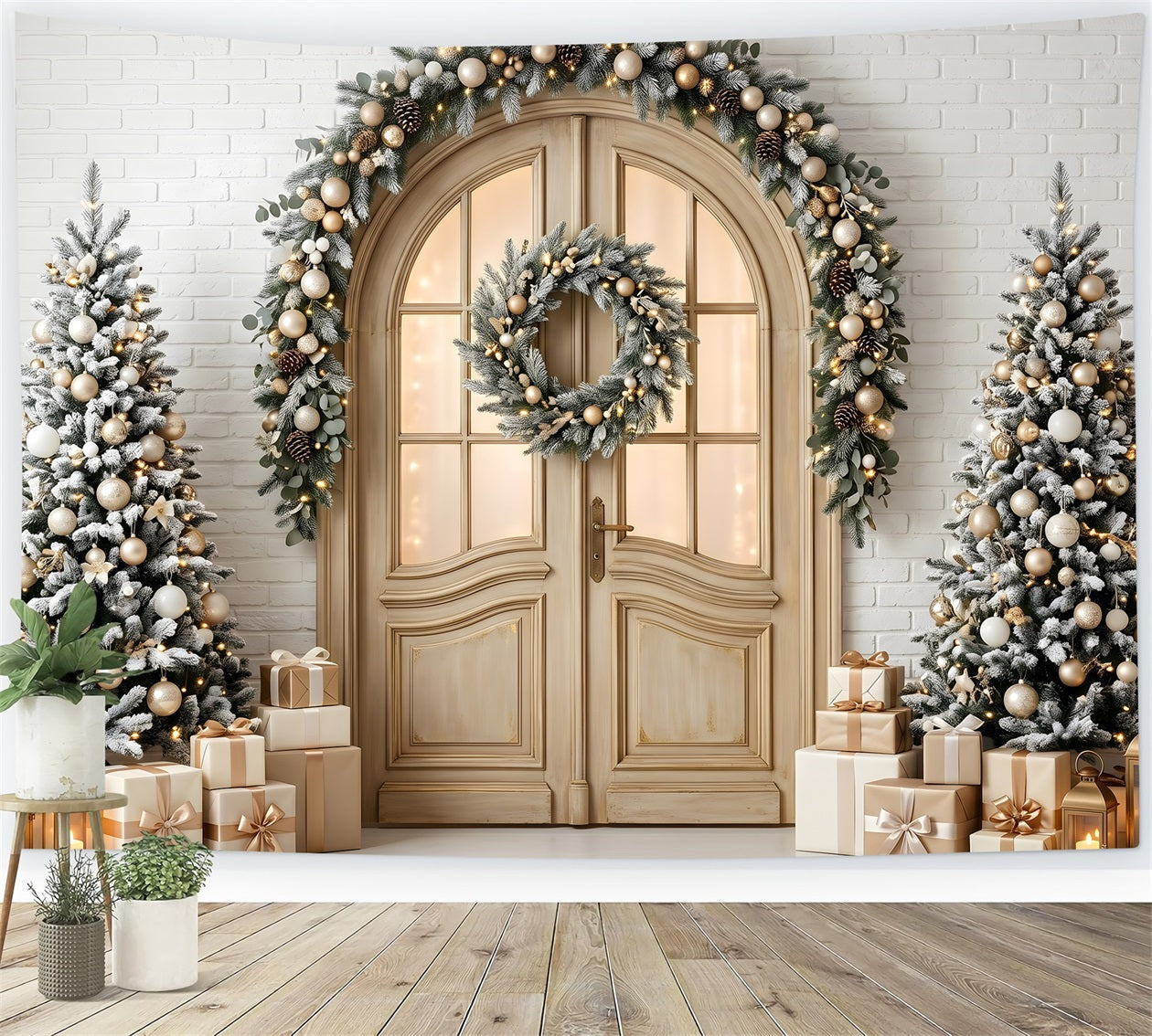 Studio Backdrops Christmas Backdrop Frosted Arched Door Wreath Trees Photo Booth Christmas Backdrop UK CEM65-142